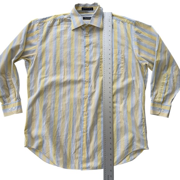 Vintage Nautica Button Down Shirt Blue Yellow Striped Oversized Preppy Cotton L - Picture 14 of 16